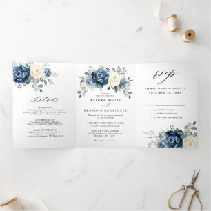 Dusty Blue Navy Champagne Ivory Floral  Tri-Fold A Announcement