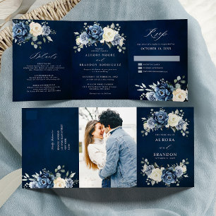 Dusty Blue Navy Champagne Ivory Floral  Tri-Fold  Announcement