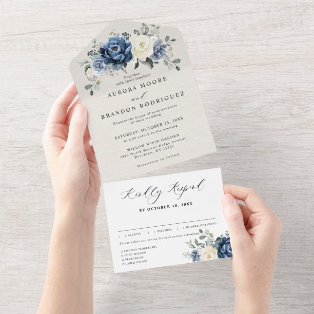 Dusty Blue Navy Champagne Ivory Floral Wedding All All In One Invitation (Tearaway)