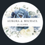 Dusty Blue Navy Champagne Ivory Floral Wedding Classic Round Sticker<br><div class="desc">Dusty blue floral wedding favour sticker featuring elegant bouquet of navy blue, royal blue , white , gold, champagne ivory, blush colour rose , ranunculus flower buds and sage green eucalyptus leaves and elegant watercolor bouquet. Please contact me for any help in customization or if you need any other product...</div>