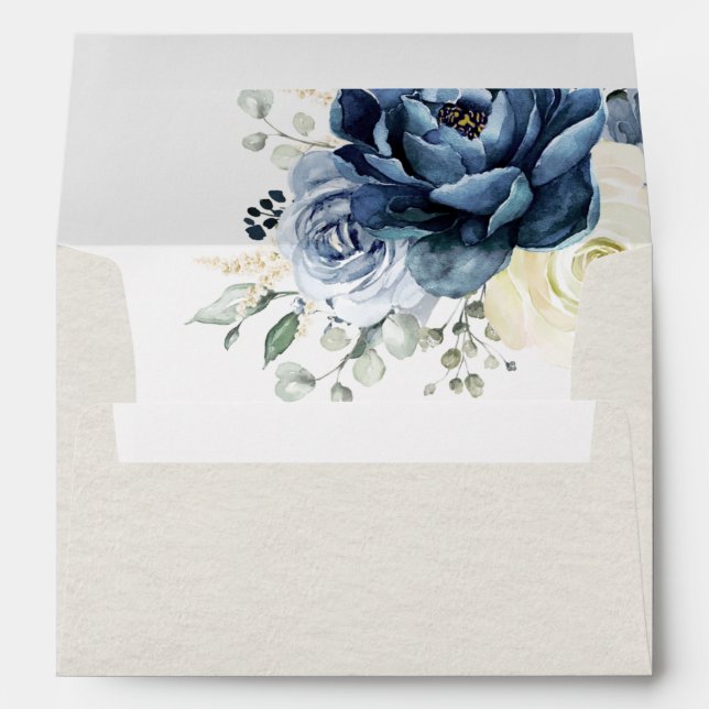 Dusty Blue Navy Champagne Ivory Floral Wedding Env Envelope (Back (Bottom))