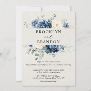 Dusty Blue Navy Champagne Ivory Floral Wedding Inv Invitation