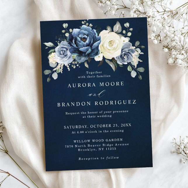 Dusty Blue Navy Champagne Ivory Floral Wedding Inv Invitation (Dusty Blue Navy Champagne Ivory Floral Wedding Invitation)