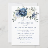 Dusty Blue Navy Champagne Ivory Floral Wedding Inv