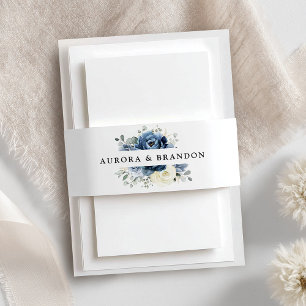 Dusty Blue Navy Champagne Ivory Floral Wedding Invitation Belly Band