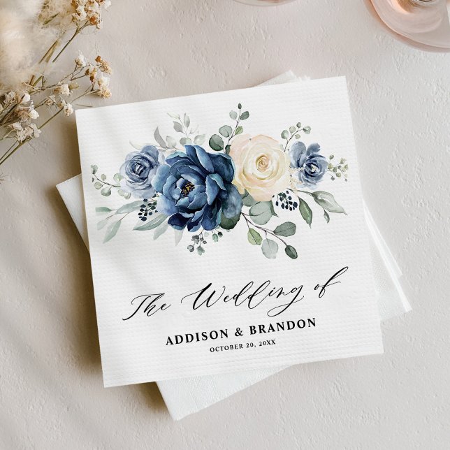 Dusty Blue Navy Champagne Ivory Floral Wedding Napkin (Dusty Blue Navy Champagne Ivory Floral Wedding Napkins)
