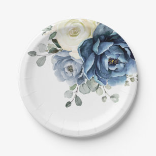 Dusty Blue Navy Champagne Ivory Floral Wedding Pap Paper Plate