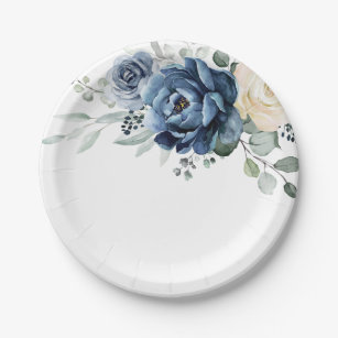 Dusty Blue Navy Champagne Ivory Floral Wedding Paper Plate