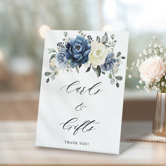 Dusty Blue Navy Champagne Ivory Floral Wedding Pedestal Sign (Dusty Blue Navy Champagne Ivory Floral Wedding Pedestal Sign)