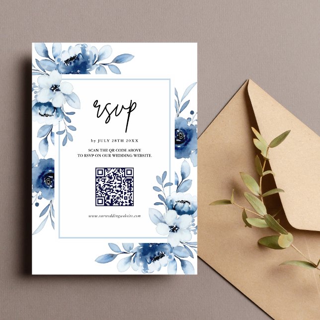 Dusty Blue Navy Champagne Ivory Floral Wedding RSVP Card (Creator Uploaded)