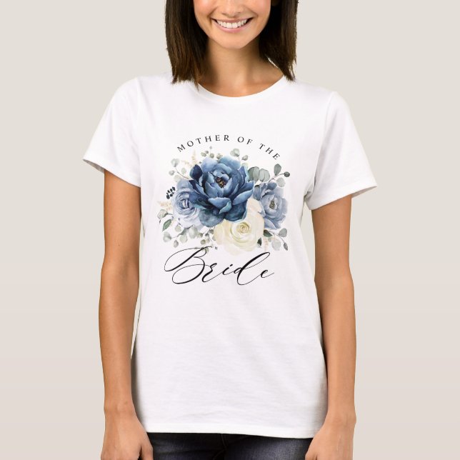 Dusty Blue Navy Champagne Ivory Floral Wedding T-Shirt (Front)