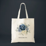 Dusty Blue Navy Champagne Ivory Floral Wedding Tote Bag<br><div class="desc">Dusty blue floral wedding bridesmaid gift totebag featuring elegant bouquet of navy blue, royal blue , white , gold, champagne ivory, blush colour rose , ranunculus flower buds and sage green eucalyptus leaves and elegant watercolor bouquet. Please contact me for any help in customization or if you need any other...</div>