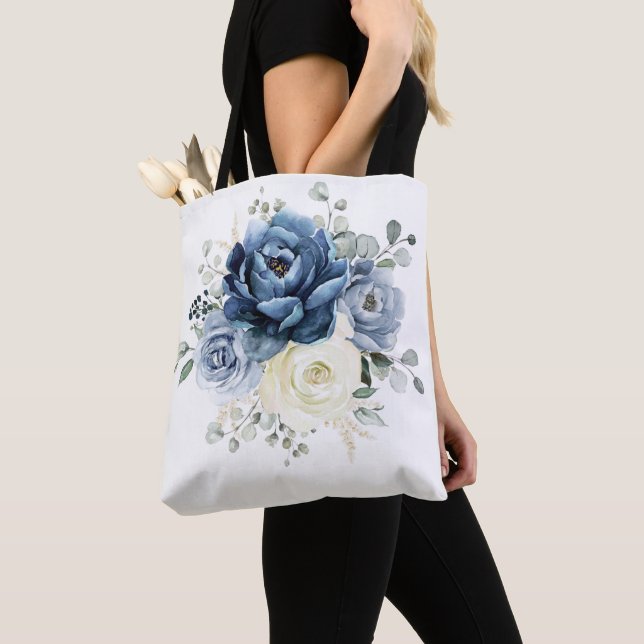 Dusty Blue Navy Champagne Ivory Floral Wedding Tote Bag (Close Up)