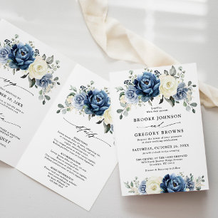 Dusty Blue Navy Champagne Ivory Folded Wedding Invitation