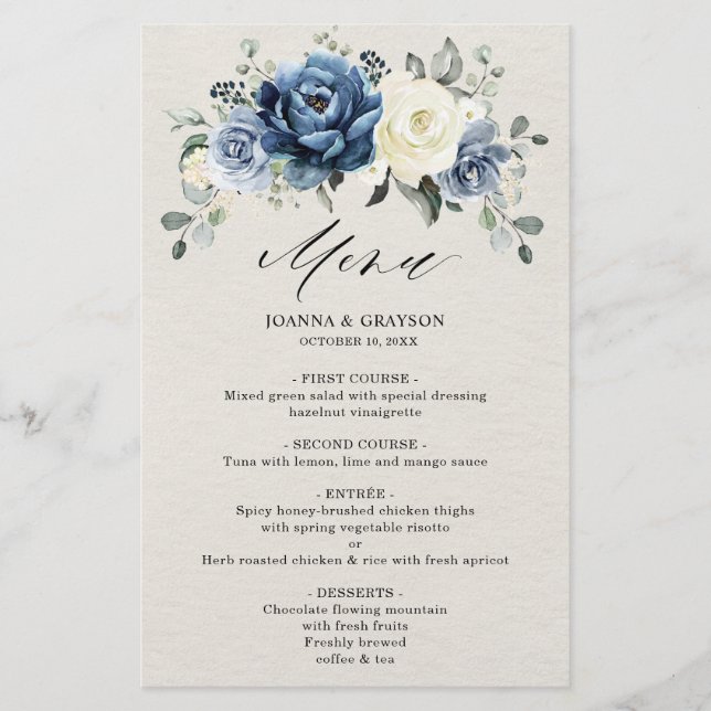 Dusty Blue Navy Champagne Ivory Mariage Menu (Devant)