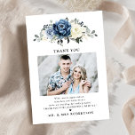 Dusty Blue Navy Champagne Ivory Photo wedding Thank You Card<br><div class="desc">Dusty blue floral photo wedding thank you card featuring elegant bouquet of navy blue, royal blue , white , gold, champagne ivory, blush colour rose , ranunculus flower buds and sage green eucalyptus leaves and elegant watercolor boquet. Please contact me for any help in customization or if you need any...</div>