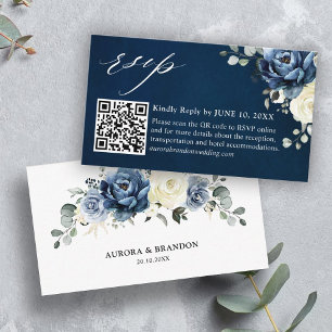 Dusty Blue Navy Champagne Ivory QR code RSVP Enclo Enclosure Card