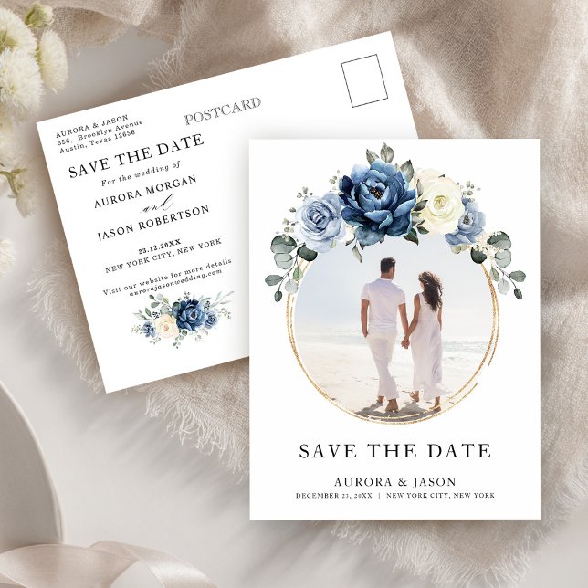 Dusty Blue Navy Champagne Ivory Save the Date Announcement Postcard (Dusty Blue Navy Champagne Ivory Save the Date Announcement Postcard)