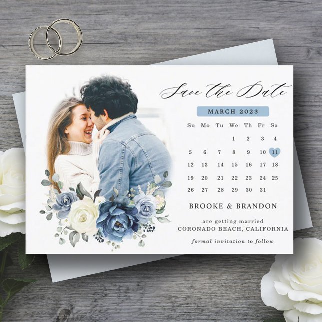 Dusty Blue Navy Champagne Ivory Save the Date Postcard (Navy ivory calendar save the date)