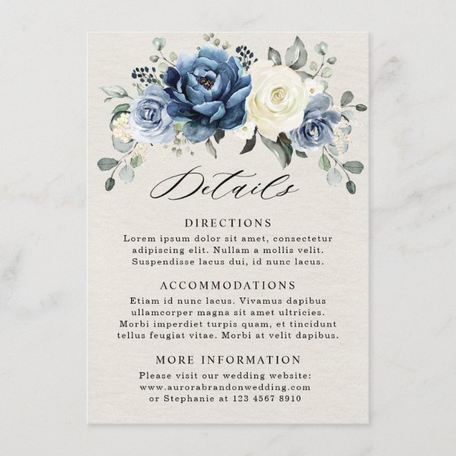 Dusty Blue Navy Champagne Ivory Wedding Details En Enclosure Card (Front)