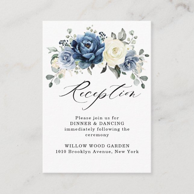 Dusty Blue Navy Champagne Ivory Wedding Reception Enclosure Card (Front)