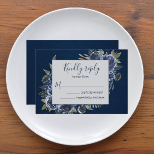 Dusty Blue Navy Champagne Ivory Wedding  RSVP Card