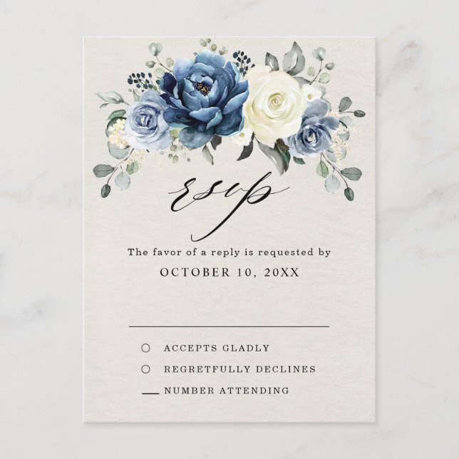 Dusty Blue Navy Champagne Ivory Wedding RSVP Postc Postcard (Front)
