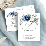 Dusty Blue Navy Champagne Ivory Wedding RSVP Postc Postcard<br><div class="desc">Dusty blue floral wedding RSVP postcard with meal choice featuring elegant bouquet of navy blue, royal blue , white , gold, champagne ivory, blush colour rose , ranunculus flower buds and sage green eucalyptus leaves and elegant watercolor boquet. Please contact me for any help in customization or if you need...</div>