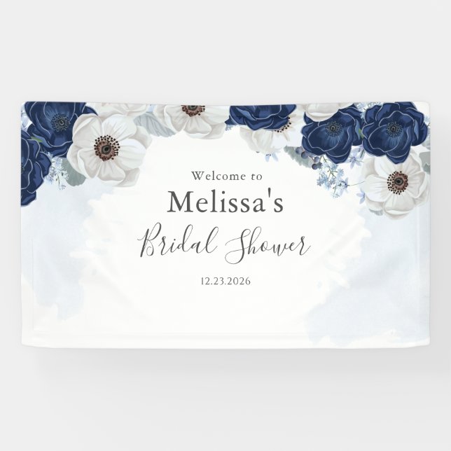 Dusty Blue Navy Floral Bridal Shower Banner (Horizontal)