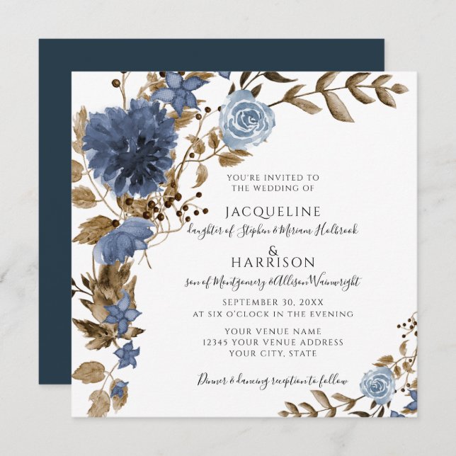 Dusty Blue Navy Floral Brown Foliage Wedding Invitation (Front/Back)