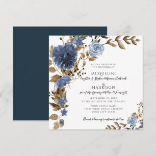 Dusty Blue Navy Floral Brown Foliage Wedding Invitation