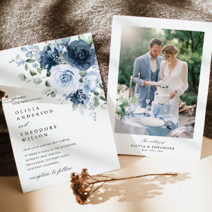 Dusty Blue Navy Floral Elegant Photo Back Wedding Invitation