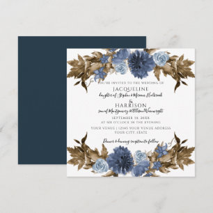 Dusty Blue Navy Floral Fall Brown Foliage Wedding Invitation