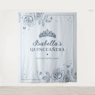 Dusty Blue & Navy  Floral Quinceañera Tapestry