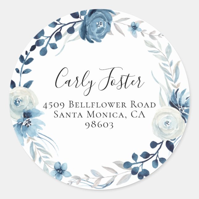 Dusty Blue Navy Floral Return Address Sticker (Front)