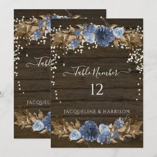Dusty Blue Navy Floral Rustic Lights Table Number