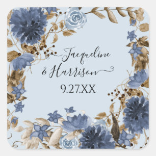 Dusty Blue Navy Floral Watercolor Foliage Wedding Square Sticker
