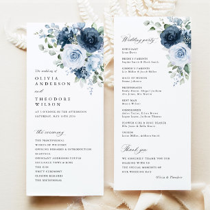 Dusty Blue Navy Floral Watercolor Wedding Ceremony Program