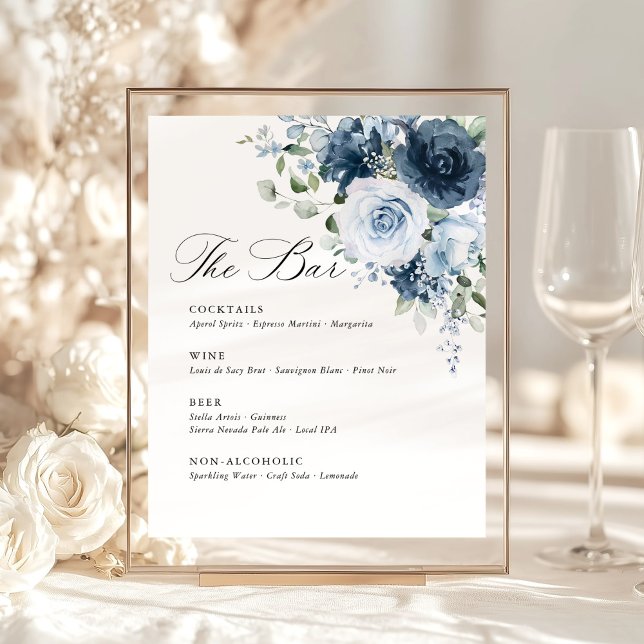 Dusty Blue Navy Floral Wedding Bar Menu Template Pedestal Sign (Dusty blue navy floral bar menu wedding sign template in gold frame for reception cocktail display.)