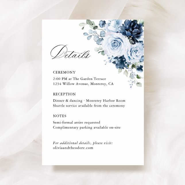 Dusty Blue Navy Floral Wedding Details, Ceremony Enclosure Card (Dusty blue navy watercolor floral wedding details enclosure card, ceremony reception insert flatlay)