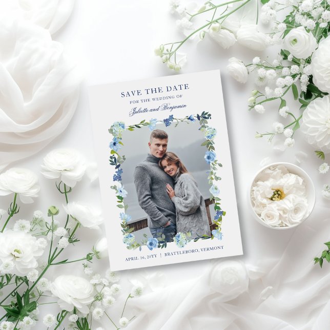 Dusty Blue Navy Floral Wedding Photo Save The Date (Elegant, dusty blue floral wedding save the date card with photo and calligraphy script)