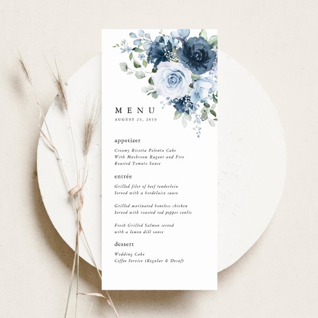 Dusty Blue Navy Floral Wedding Reception Dinner Menu (Dusty blue floral wedding menu card on a neutral plate, elegant watercolor flowers & modern layout)