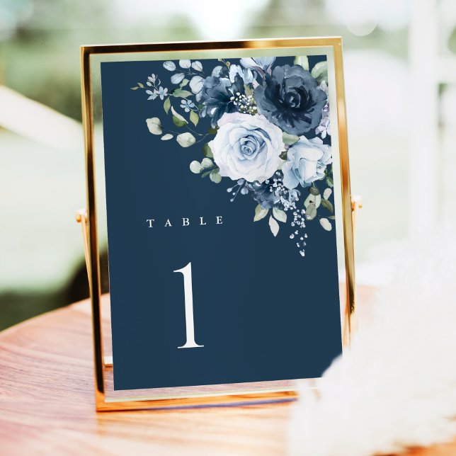 Dusty Blue Navy Floral Wedding Table Number Sign (Navy floral table number in a gold frame with blue watercolor flowers, elegant wedding table decor)