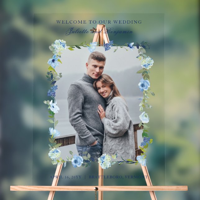 Dusty Blue Navy Floral Wedding Welcome Sign (Neutral)