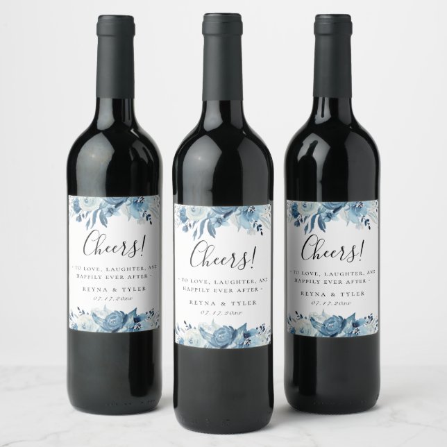Dusty Blue Navy Floral Wine Label (Bottles)