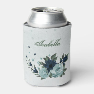 Dusty blue navy flowers botanical can cooler