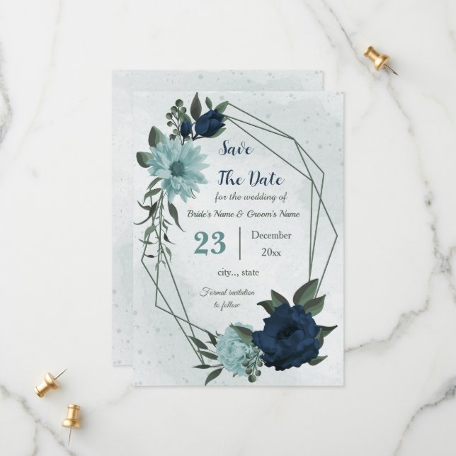 Dusty blue navy flowers botanical save the date (Front/Back In Situ)