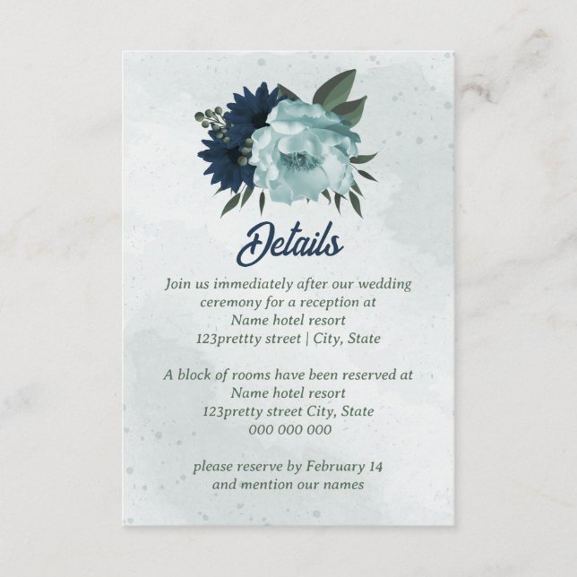 Dusty blue &navy flowers botanical wedding enclosure card (Front)