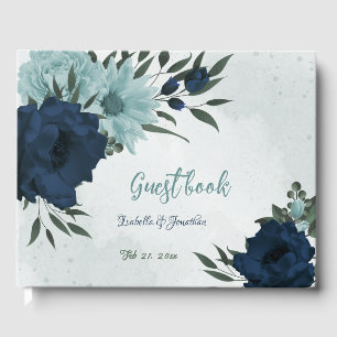 Dusty blue navy flowers botanical wedding guest book