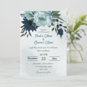 Dusty blue &navy flowers botanical wedding  invitation